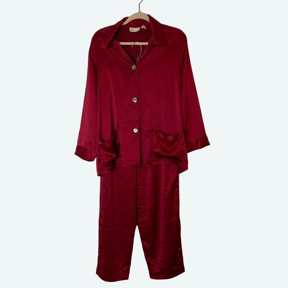Victoria's Secret Women's Red Satin Pajama Set Button-Up Top & Pants Small‎
